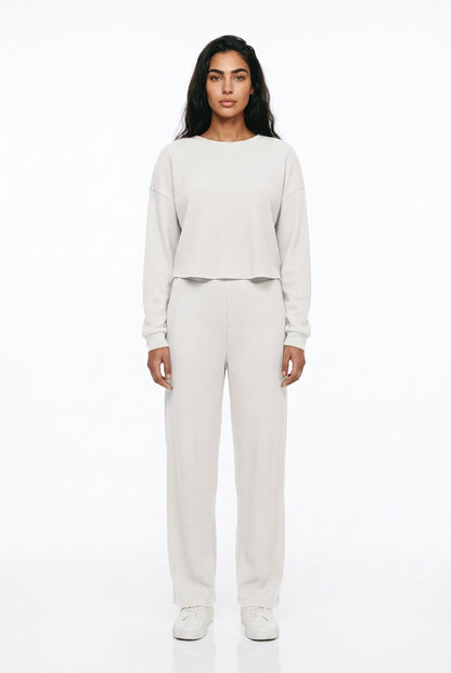 Waffle Knit Lounge Set – Crop Top & Wide Leg Trousers