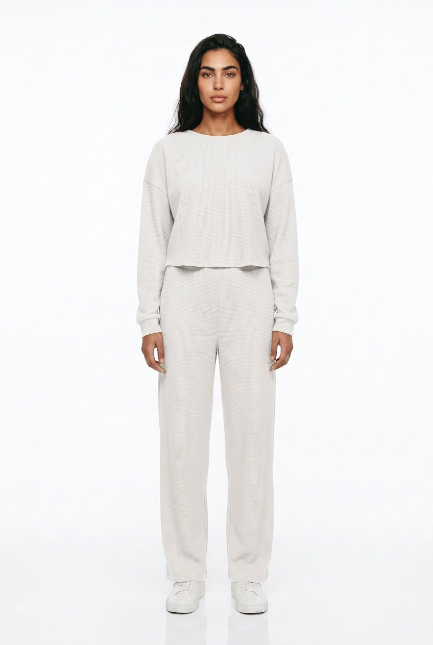 Waffle Knit Lounge Set – Crop Top & Wide Leg Trousers