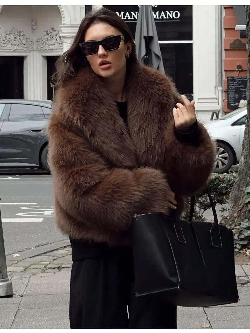 Women's Faux Fur Jacket – Oversized Collar Cropped Coat