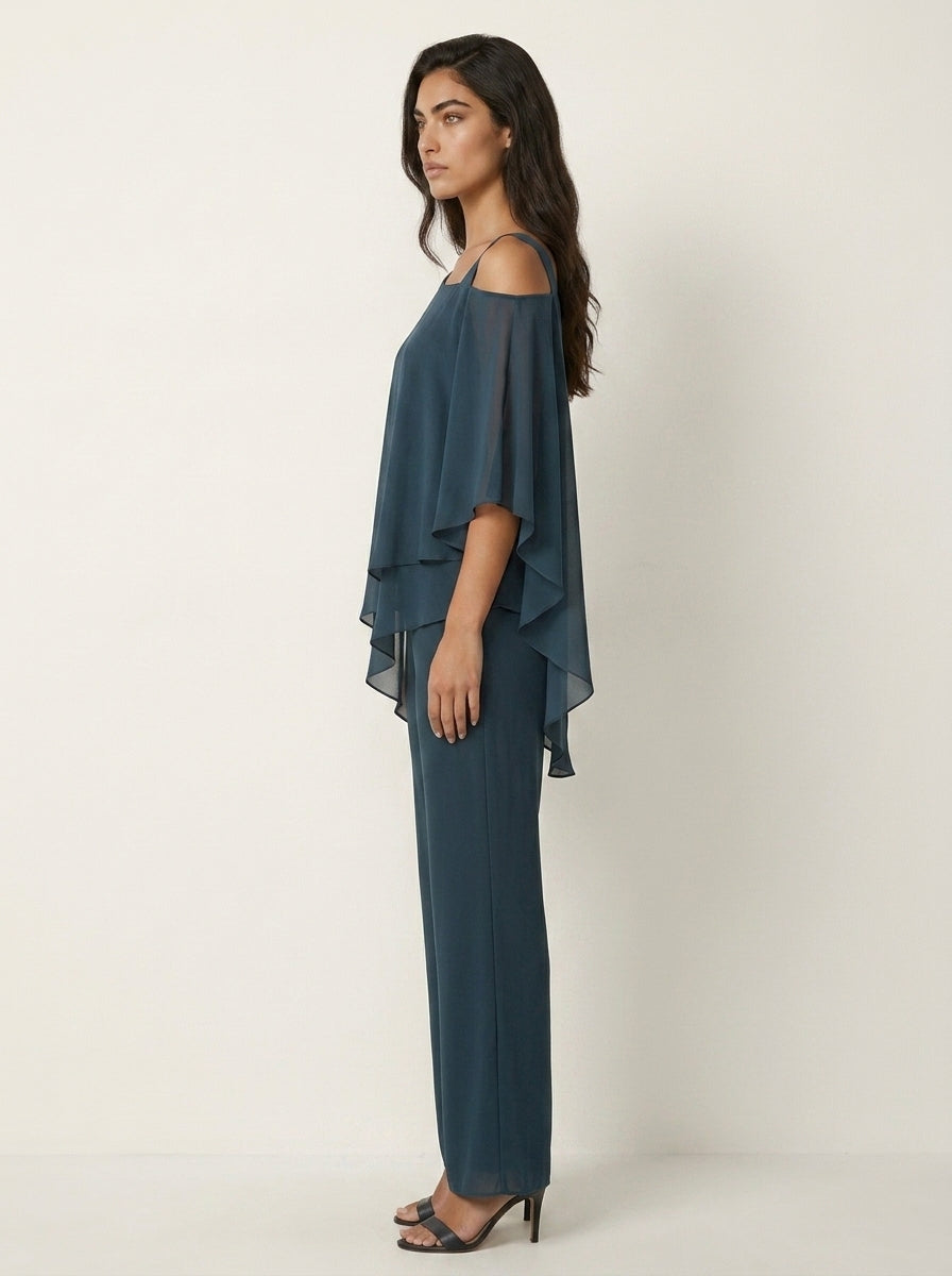 Women's Chiffon Trouser Suit – Layered Top & Wide Leg Trousers