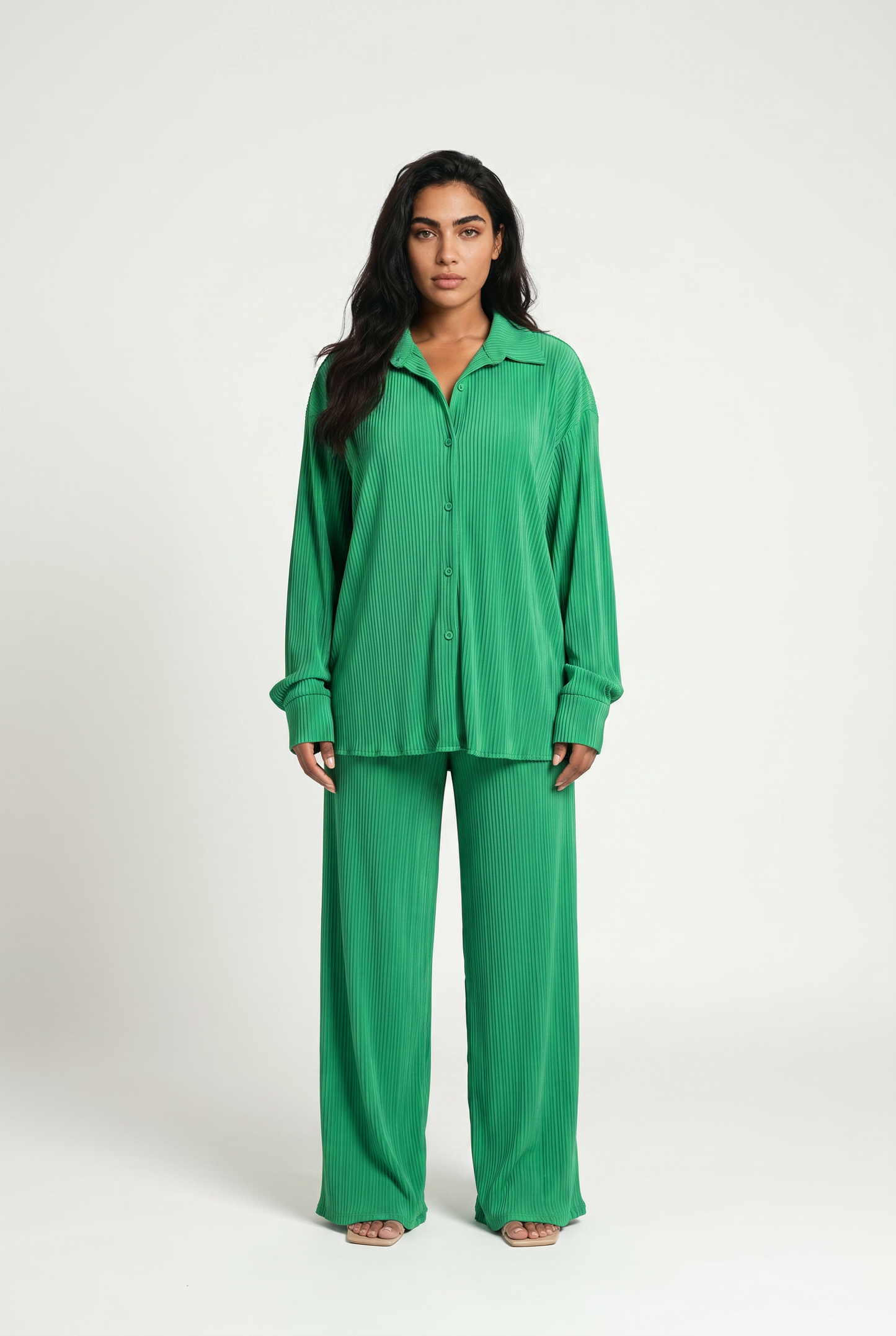 Women's Plisse Co-ord Set – Oversized Shirt & Wide Leg Trousers