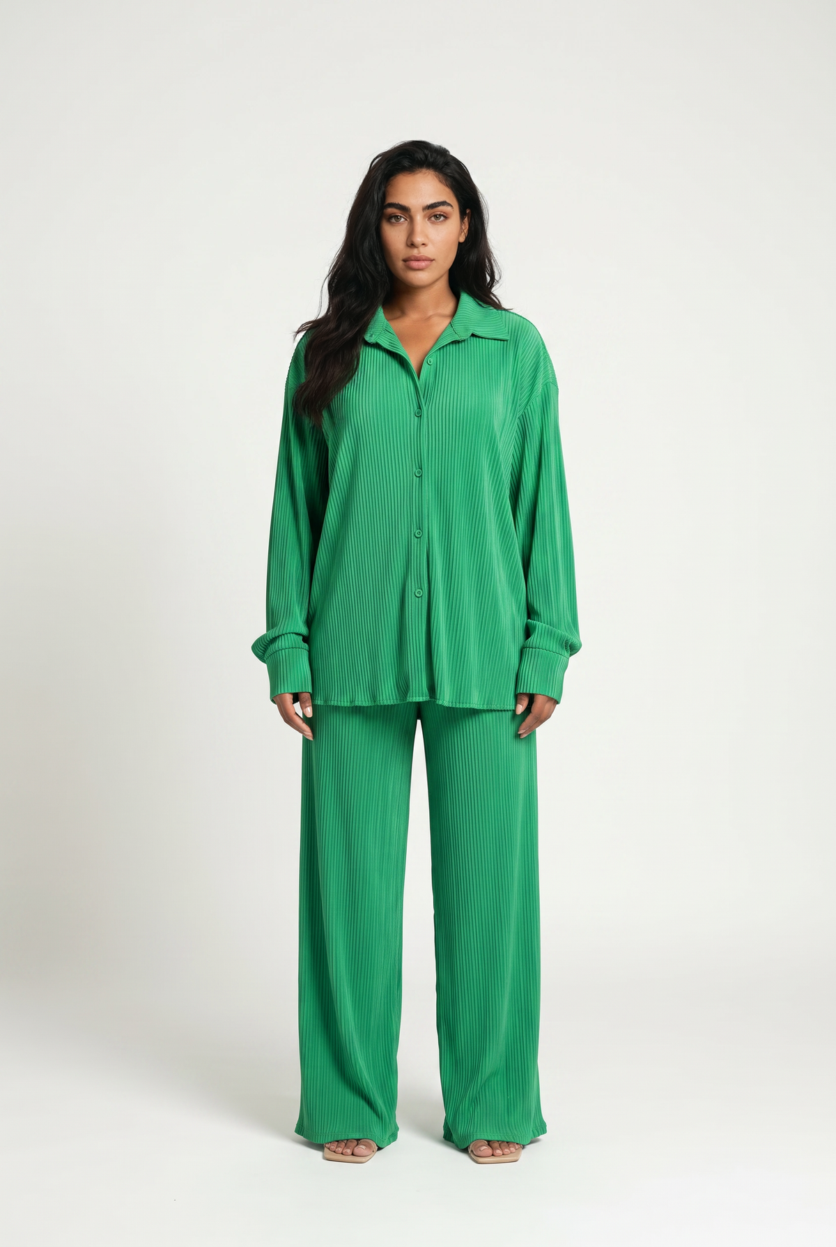 Women's Plisse Co-ord Set – Oversized Shirt & Wide Leg Trousers