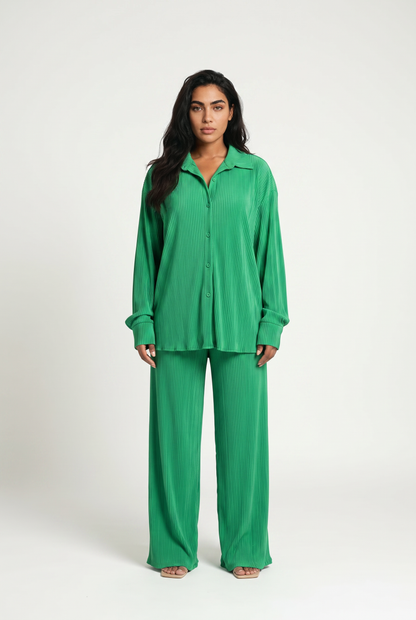 Women's Plisse Co-ord Set – Oversized Shirt & Wide Leg Trousers