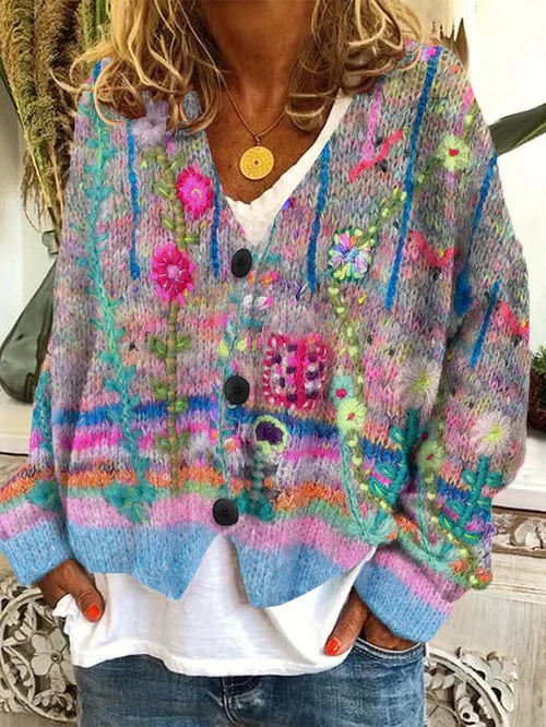 Women's Floral Print Knit Cardigan - V-Neck