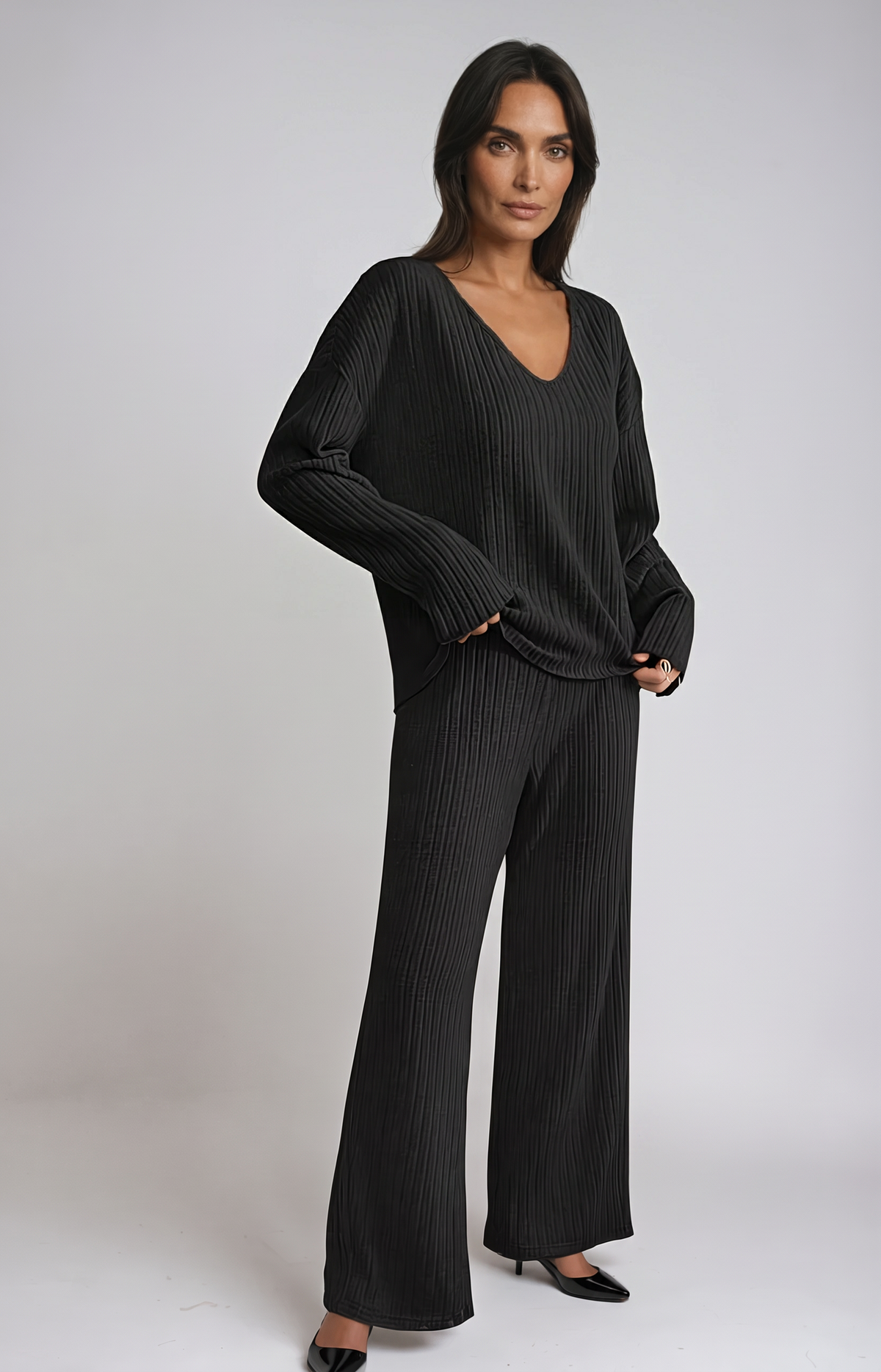 Women's Ribbed Knit Lounge Set – V-Neck Wide Leg Co-ord