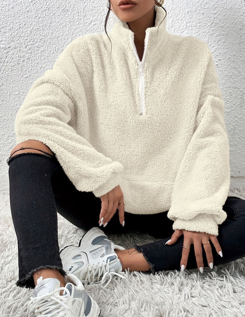 Women's Cream Teddy Fleece Half-Zip – High Neck Pullover