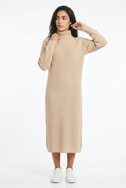 Women's Roll Neck Jumper Dress – Long Sleeve Knitted Midi