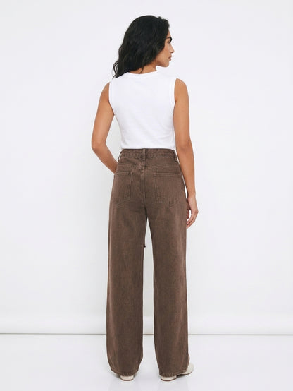 Women's Wide Leg Jeans | Brown Baggy High Waist Denim
