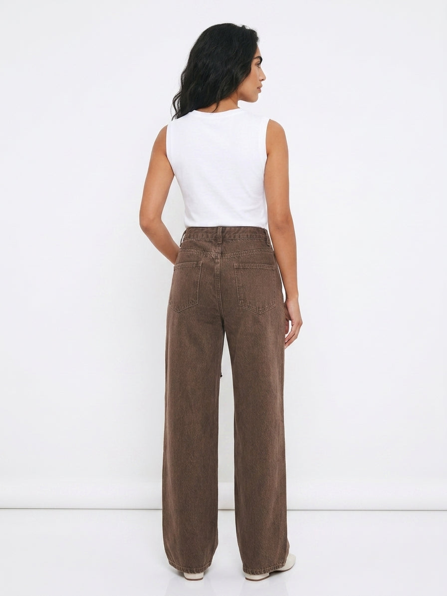 Women's Wide Leg Jeans | Brown Baggy High Waist Denim