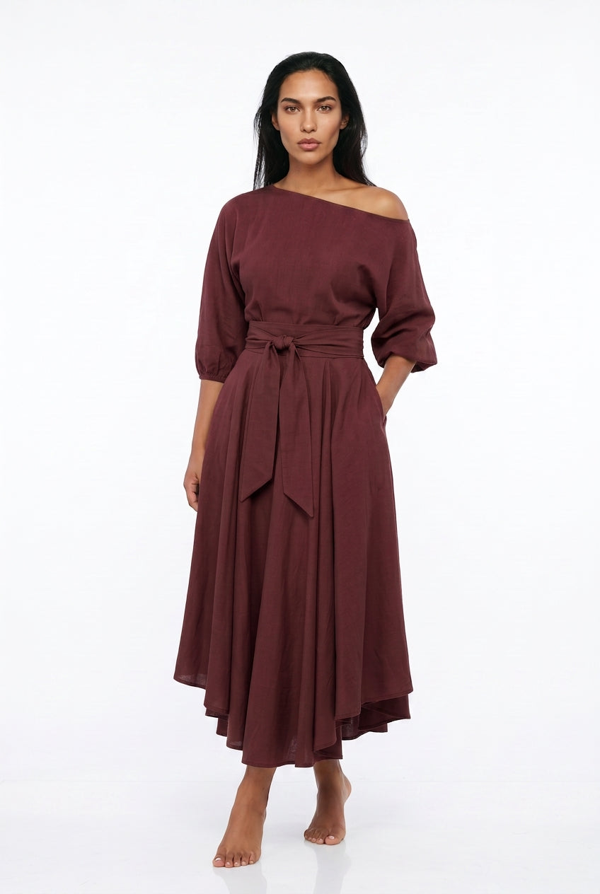 Women's Off-Shoulder Midi Dress – Belted A-Line