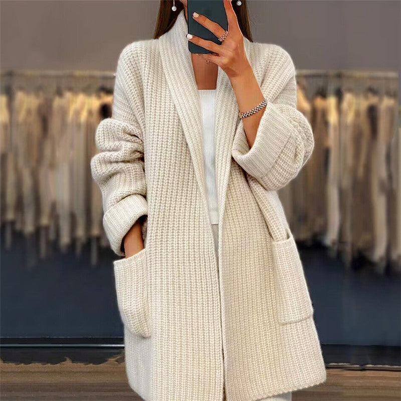 Women's Ribbed Knit Cardigan – Longline Open Front Pockets