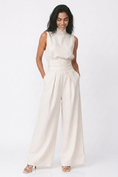 Women's Wide Leg Jumpsuit – Sleeveless High Neck Linen Jumpsuit