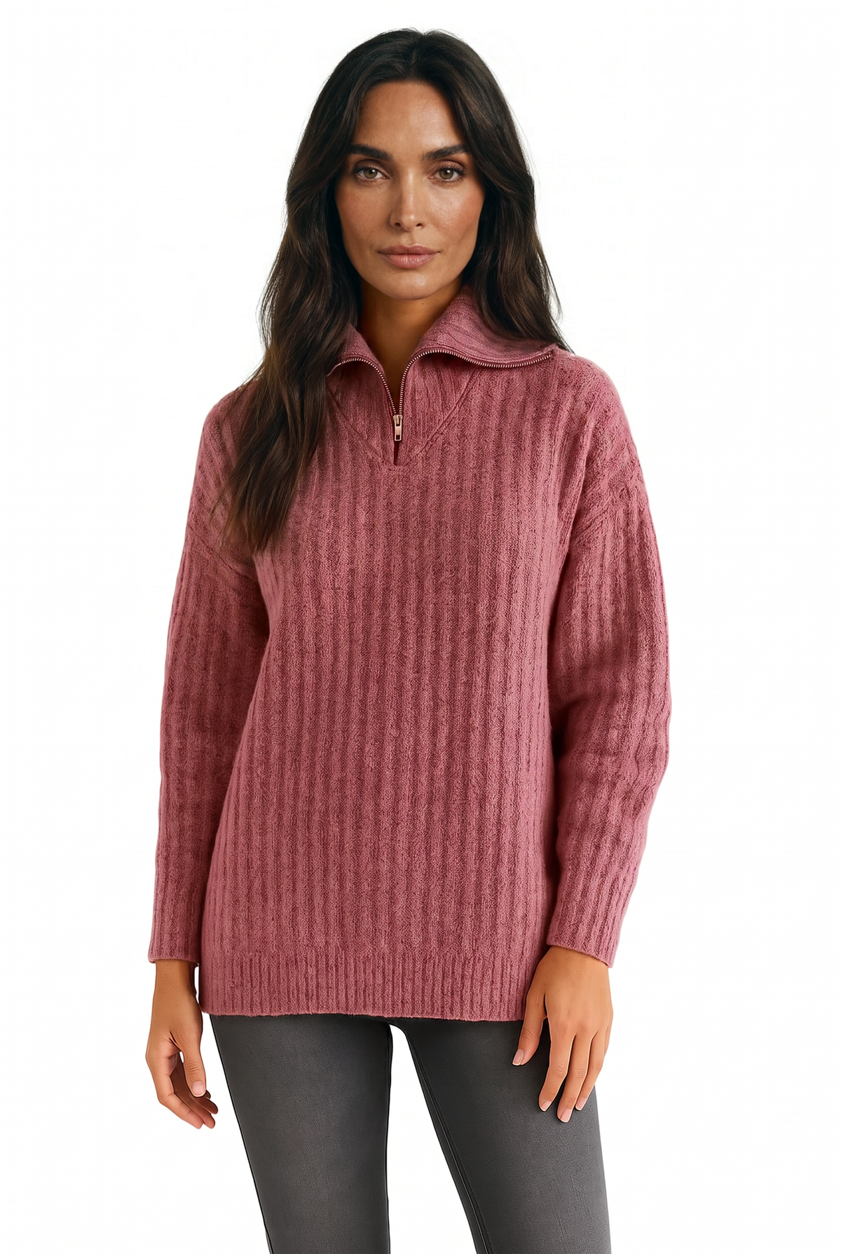 Women's Ribbed Quarter-Zip Jumper – Funnel Neck
