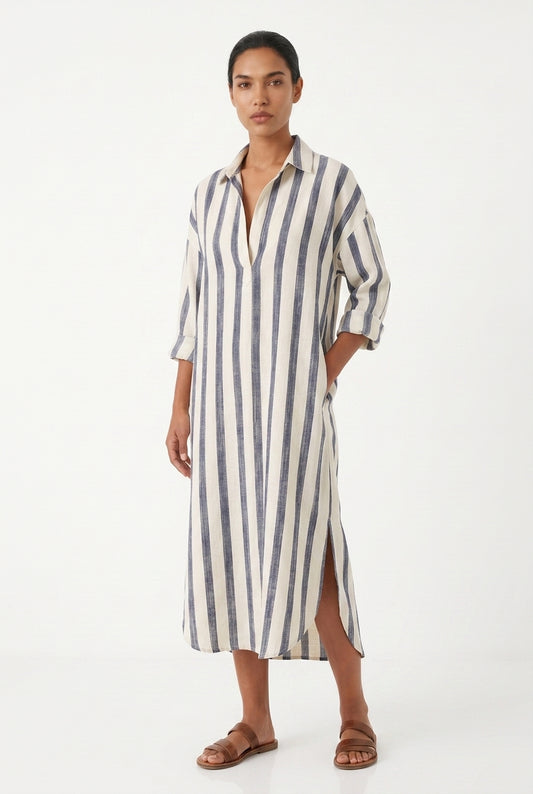 Women's Long Sleeve Maxi Dress – Striped Shirt Dress
