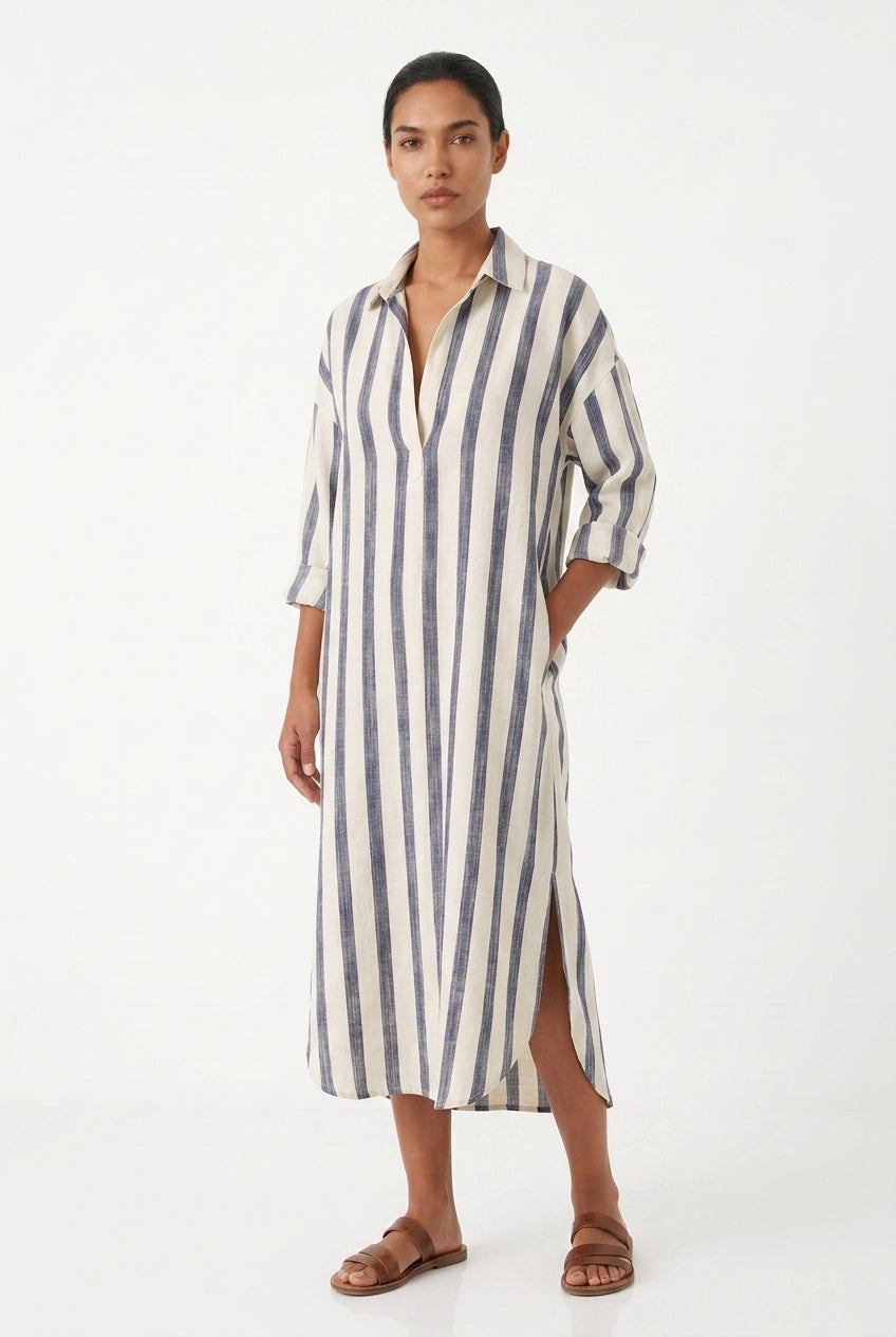 Women's Long Sleeve Maxi Dress – Striped Shirt Dress