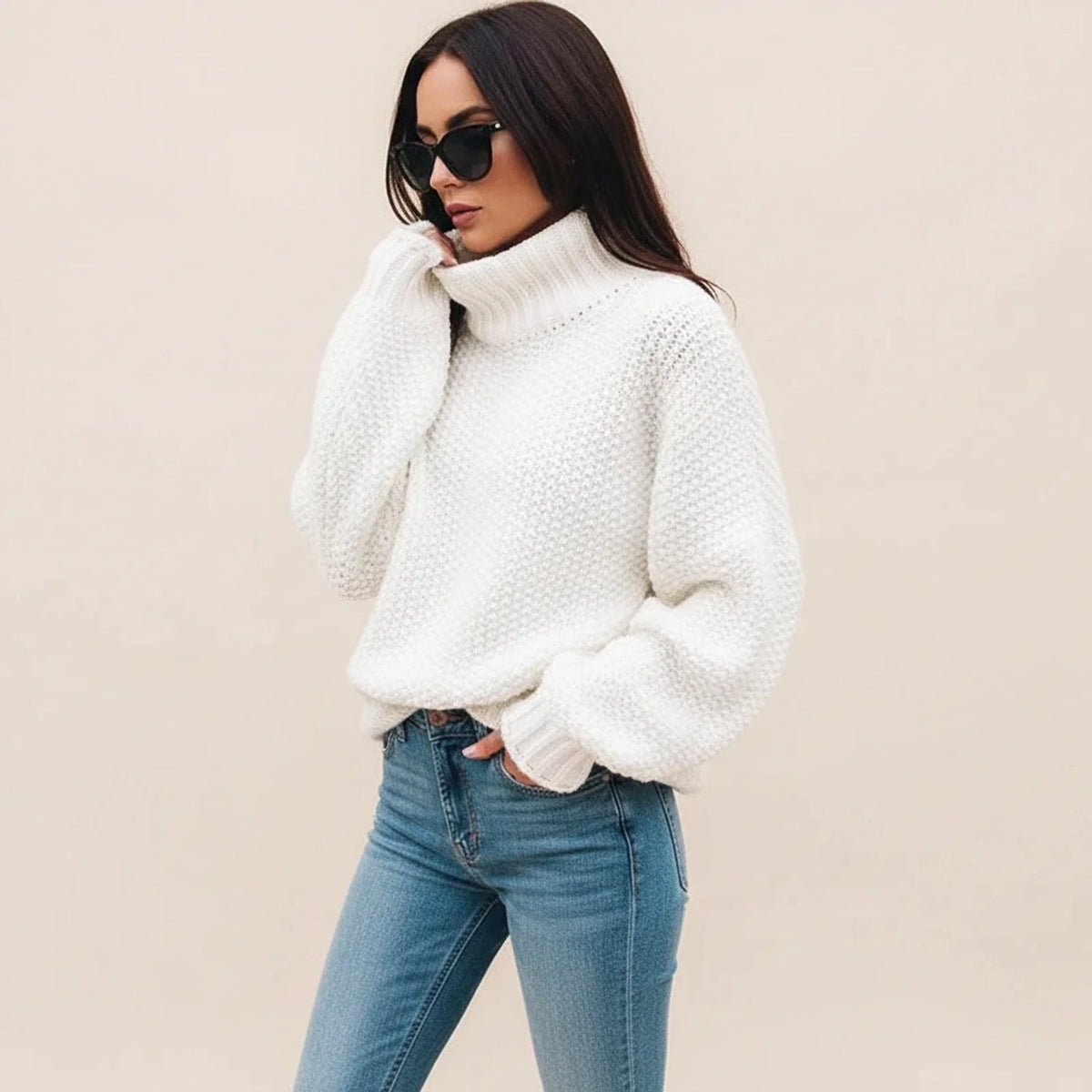 Women's Chunky Knit Jumper – Balloon Sleeve Roll Neck
