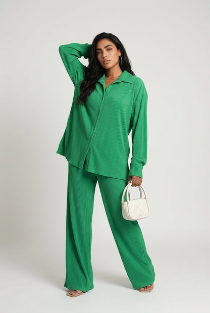 Women's Plisse Co-ord Set – Oversized Shirt & Wide Leg Trousers