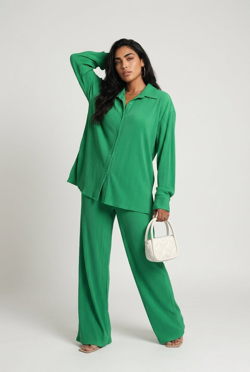 Women's Plisse Co-ord Set – Oversized Shirt & Wide Leg Trousers