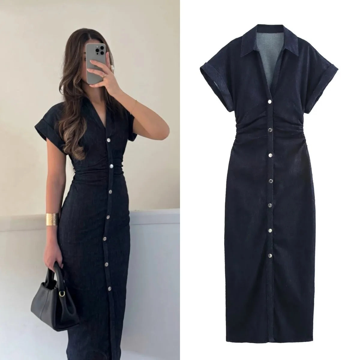 Women's Denim Midi Dress – Ruched Waist Button-Through
