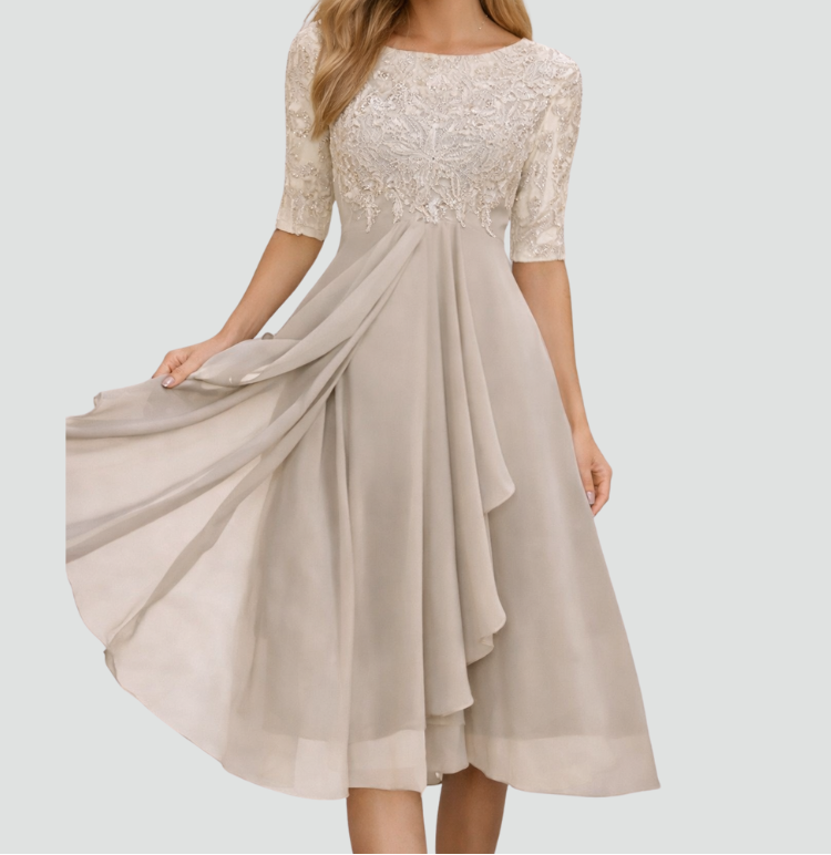 Women's Lace Bodice Midi Dress – Chiffon A-Line Party Dress