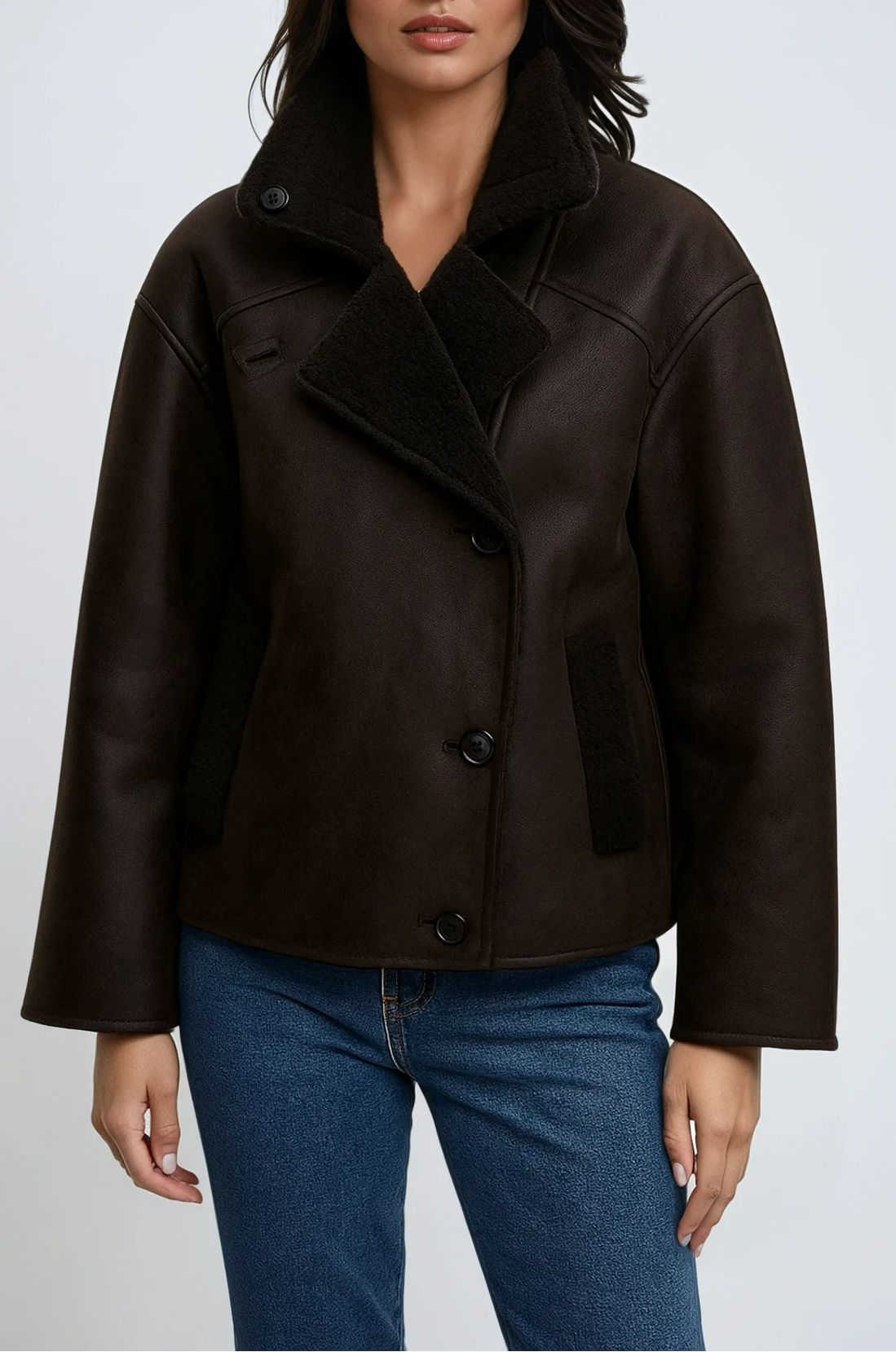 Women's Vintage Shearling-Collar Leather Jacket