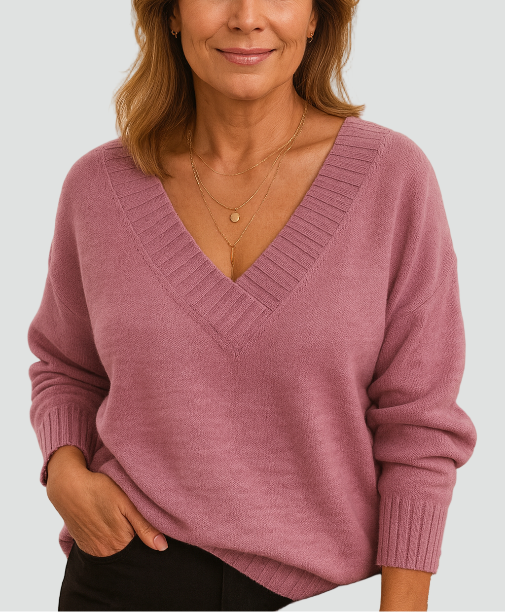 Women's Deep V-Neck Ribbed Collar Jumper – Relaxed Knit