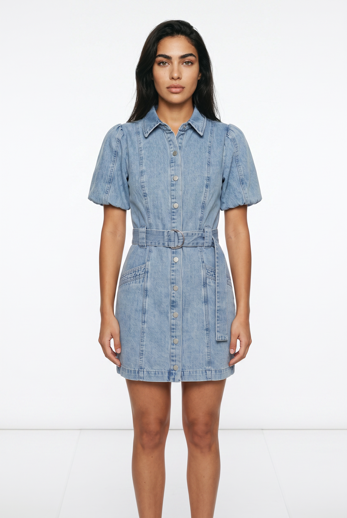 Women's Denim Mini Dress – Belted Puff Sleeve Shirt Dress