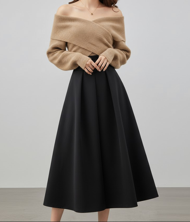 Women's Off-Shoulder Jumper & Midi Skirt Co-ord Set