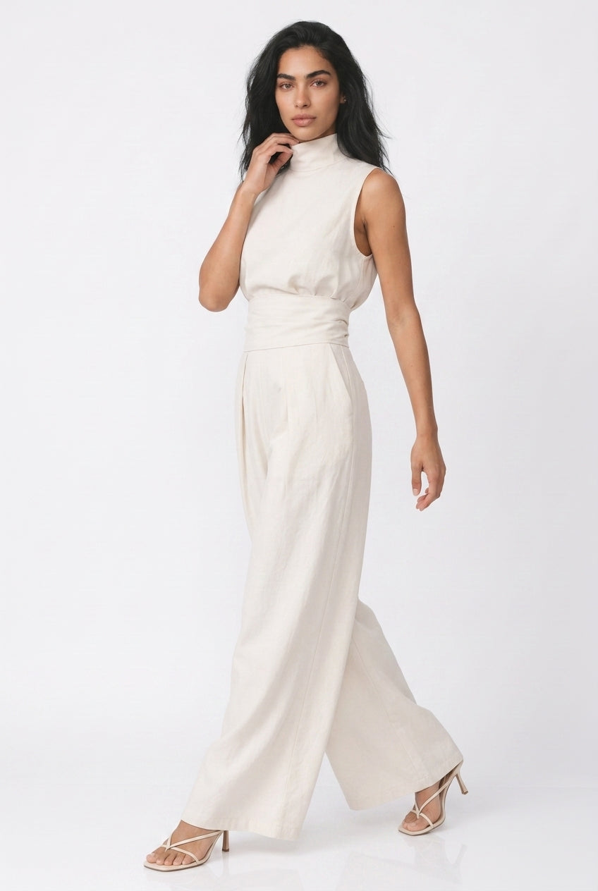 Women's Wide Leg Jumpsuit – Sleeveless High Neck Linen Jumpsuit