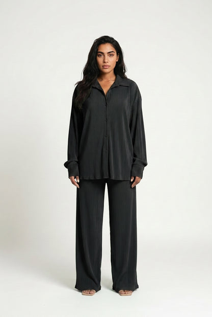 Women's Plisse Co-ord Set – Oversized Shirt & Wide Leg Trousers