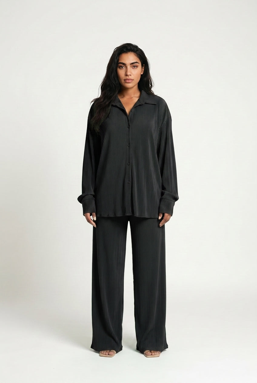Women's Plisse Co-ord Set – Oversized Shirt & Wide Leg Trousers