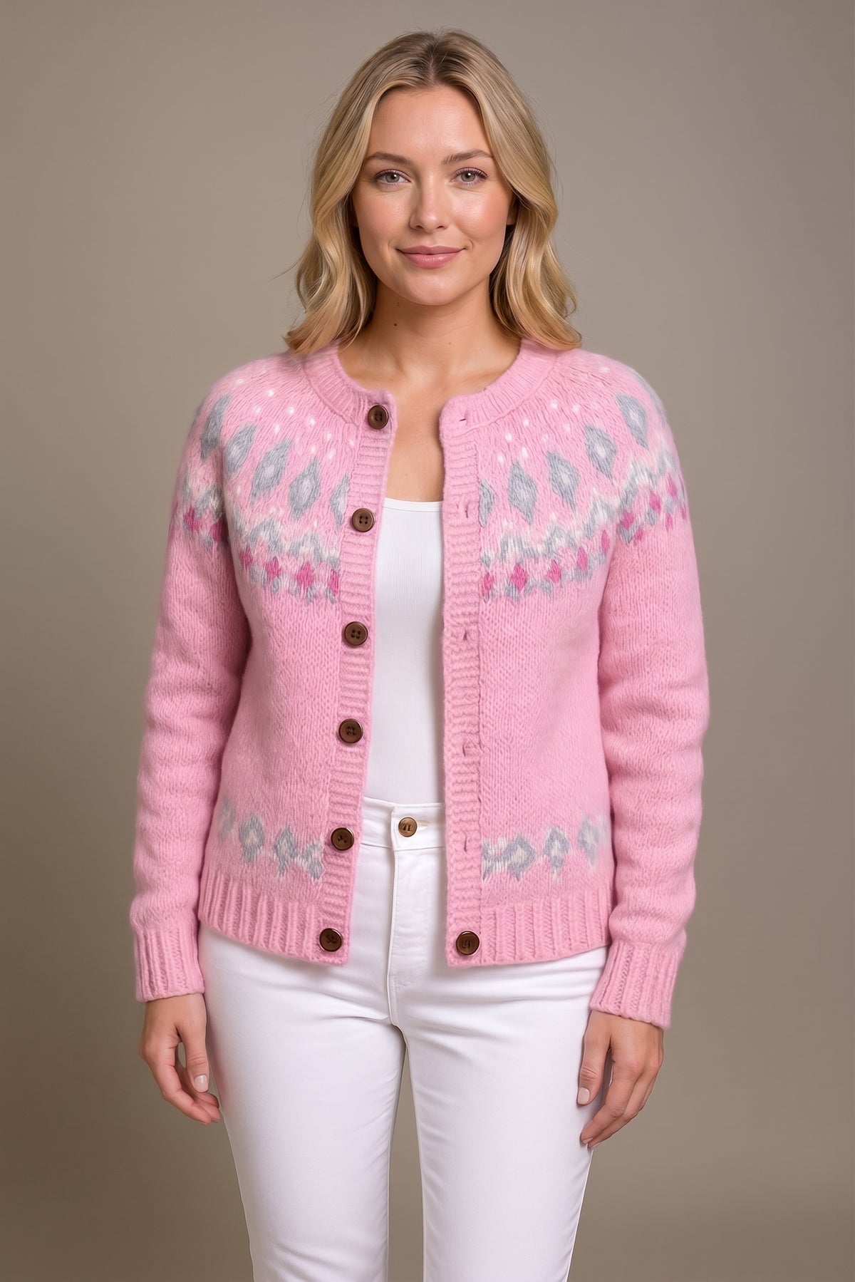 Women's Blush Pink Fair Isle Knit Button-Front Cardigan