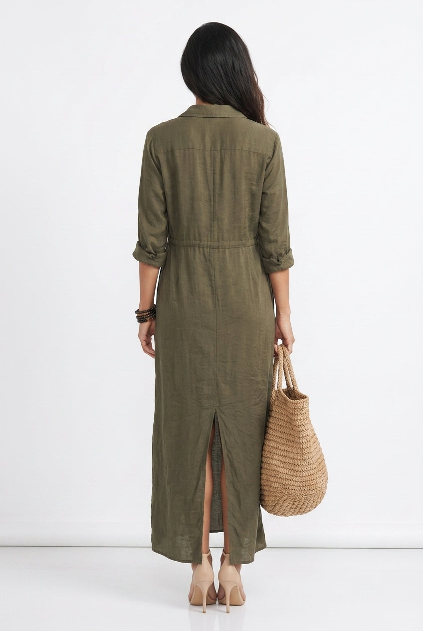 Women's Linen Shirt Dress – Long Sleeve Maxi Dress with Buttons