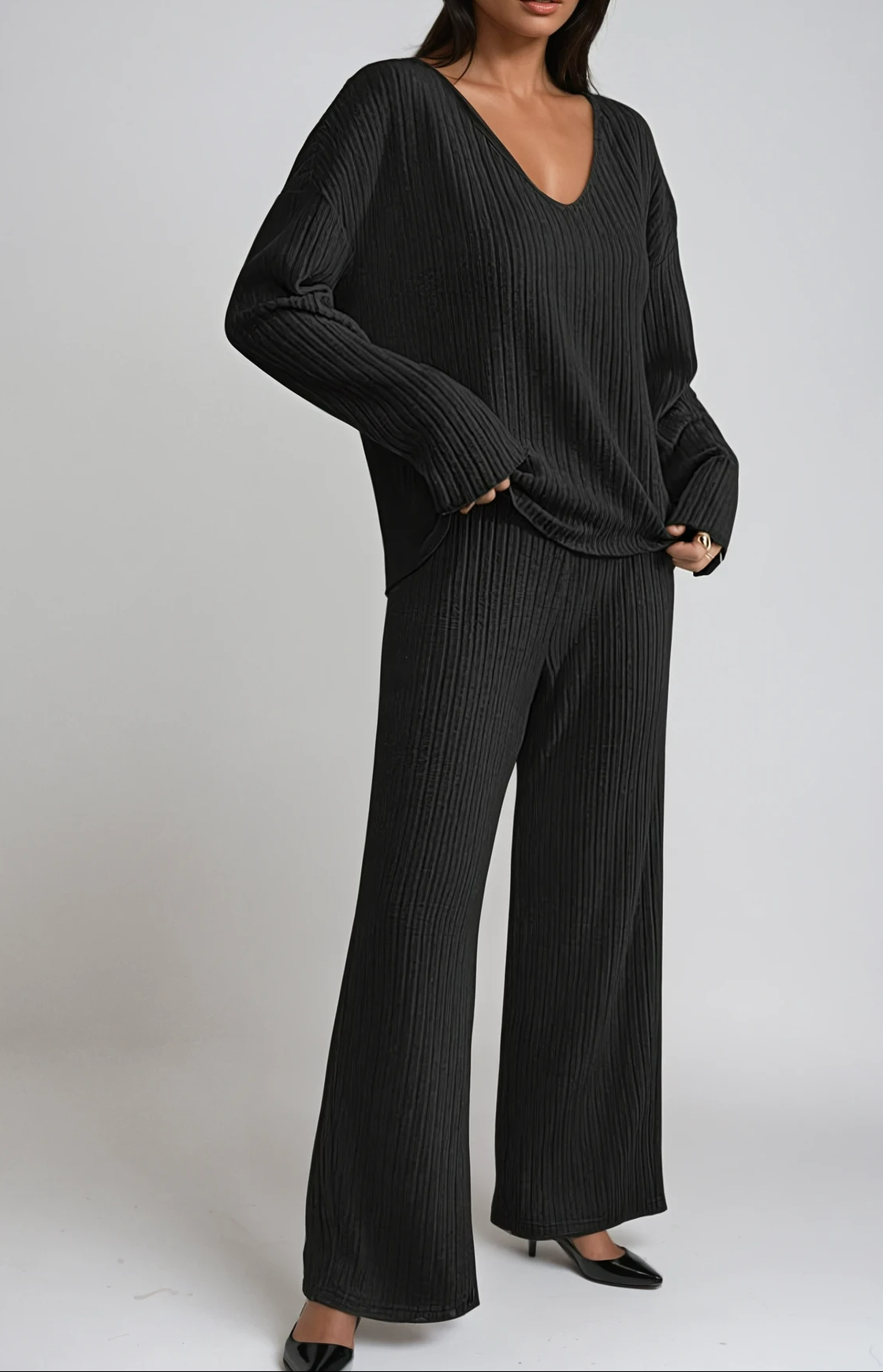Women's Ribbed Knit Lounge Set – V-Neck Wide Leg Co-ord