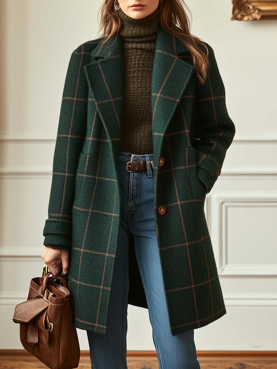 Women's Wool Check Coat – Lapel Collar – Dark Green