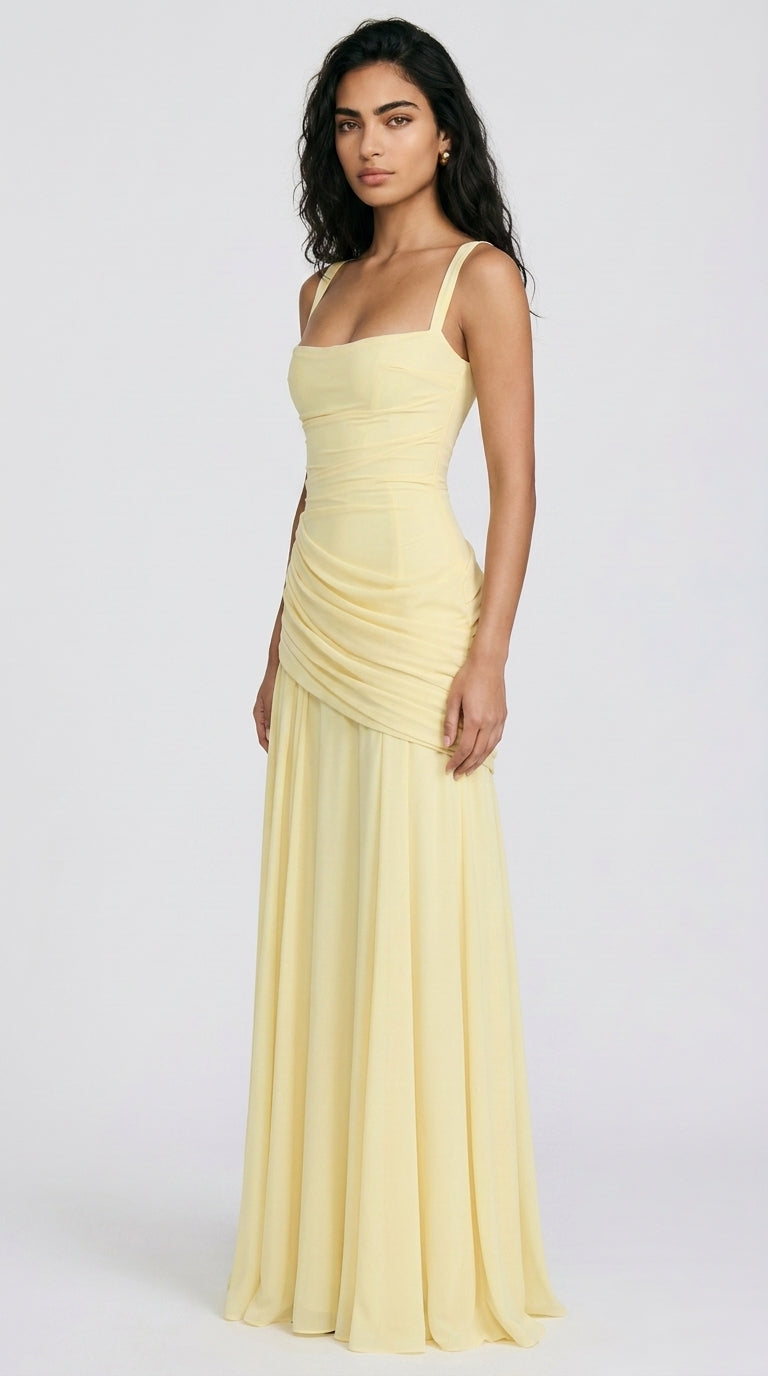 Women's Wedding Guest Dress – Ruched Square Neck Maxi Dress