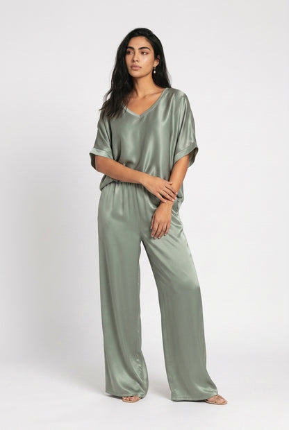 Women's Satin Co-ord Set – V-Neck Top & Wide Leg Trousers