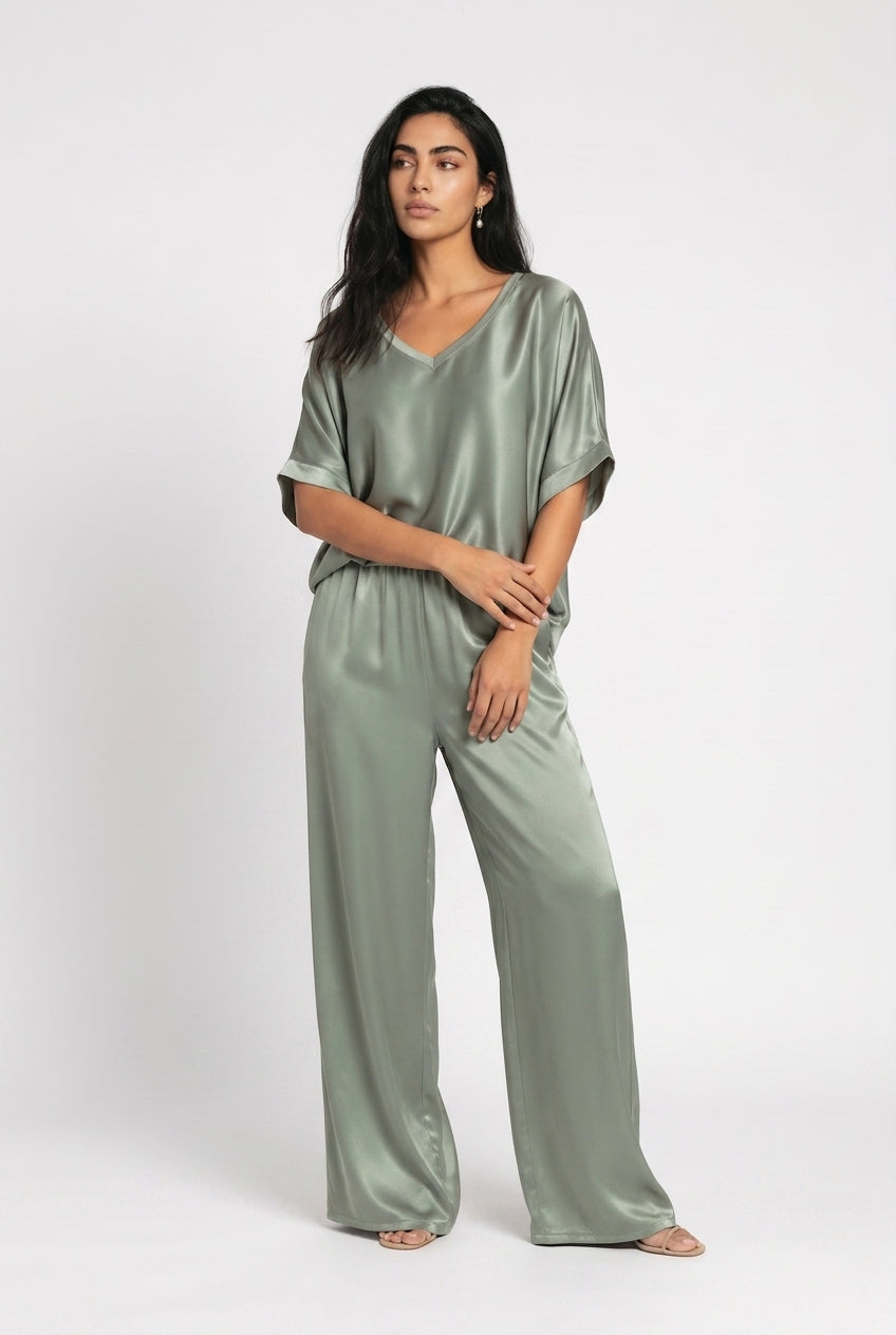Women's Satin Co-ord Set – V-Neck Top & Wide Leg Trousers