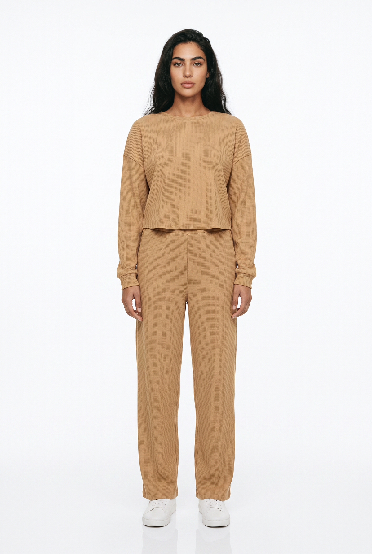 Waffle Knit Lounge Set – Crop Top & Wide Leg Trousers