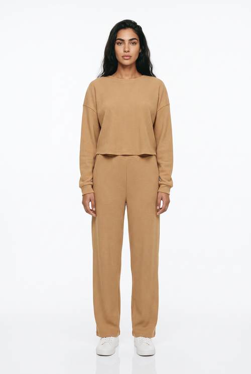 Waffle Knit Lounge Set – Crop Top & Wide Leg Trousers