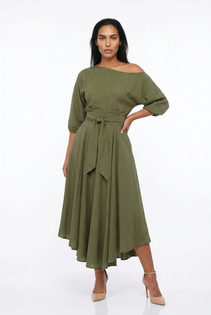 Women's Off-Shoulder Midi Dress – Belted A-Line