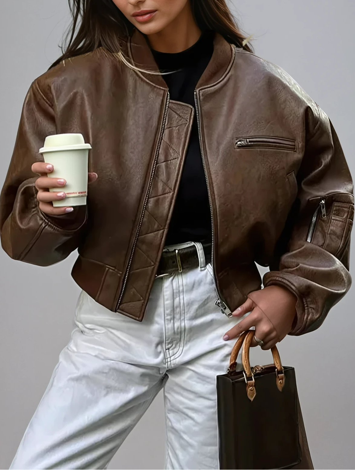 Women's Brown Faux Leather Bomber Jacket – Cropped Vintage Style
