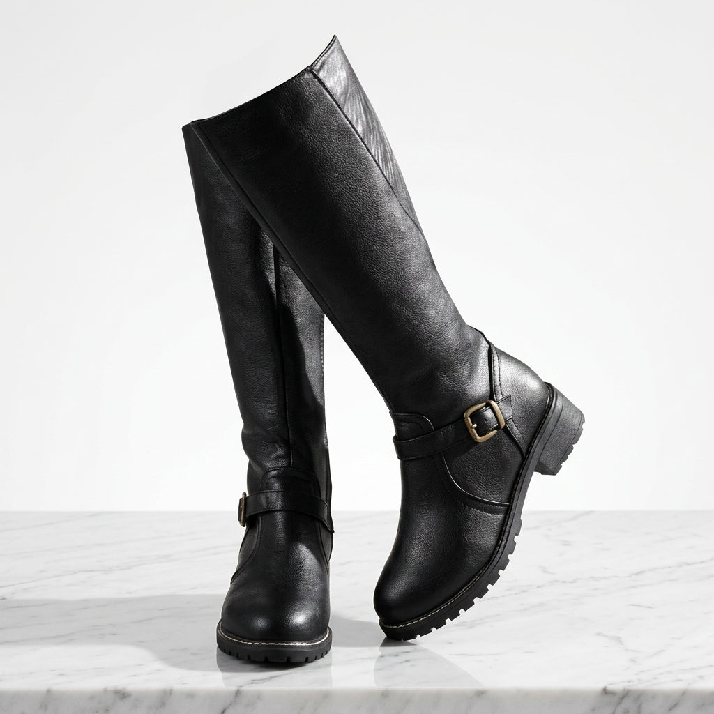 Women's Faux Leather Knee-High Boots – Buckle Detail Block Heel