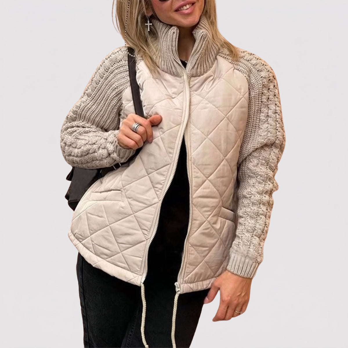 Women's Quilted Patchwork Jacket – Knit Sleeve Puffer Coat