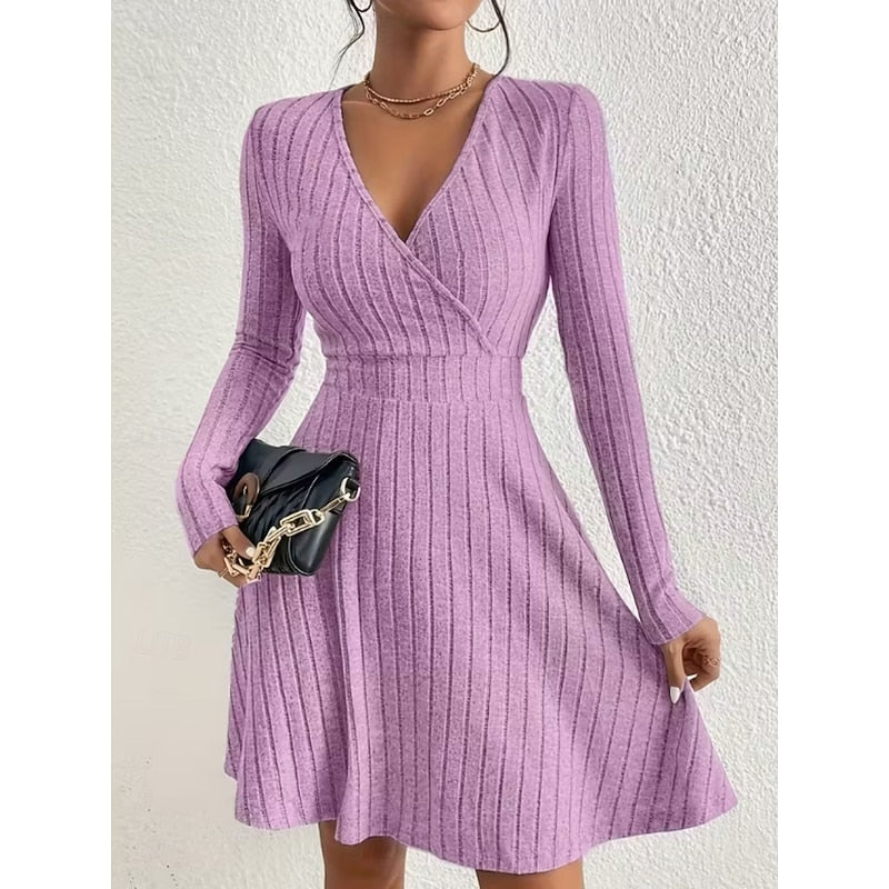 Women's Ribbed Wrap Neck A-Line Dress – Knee-Length Knit Dress