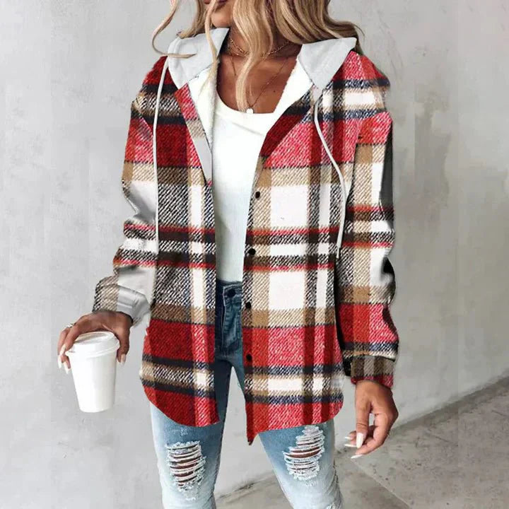 Women's Plaid Hooded Shacket – Sherpa-Lined Jacket – Red