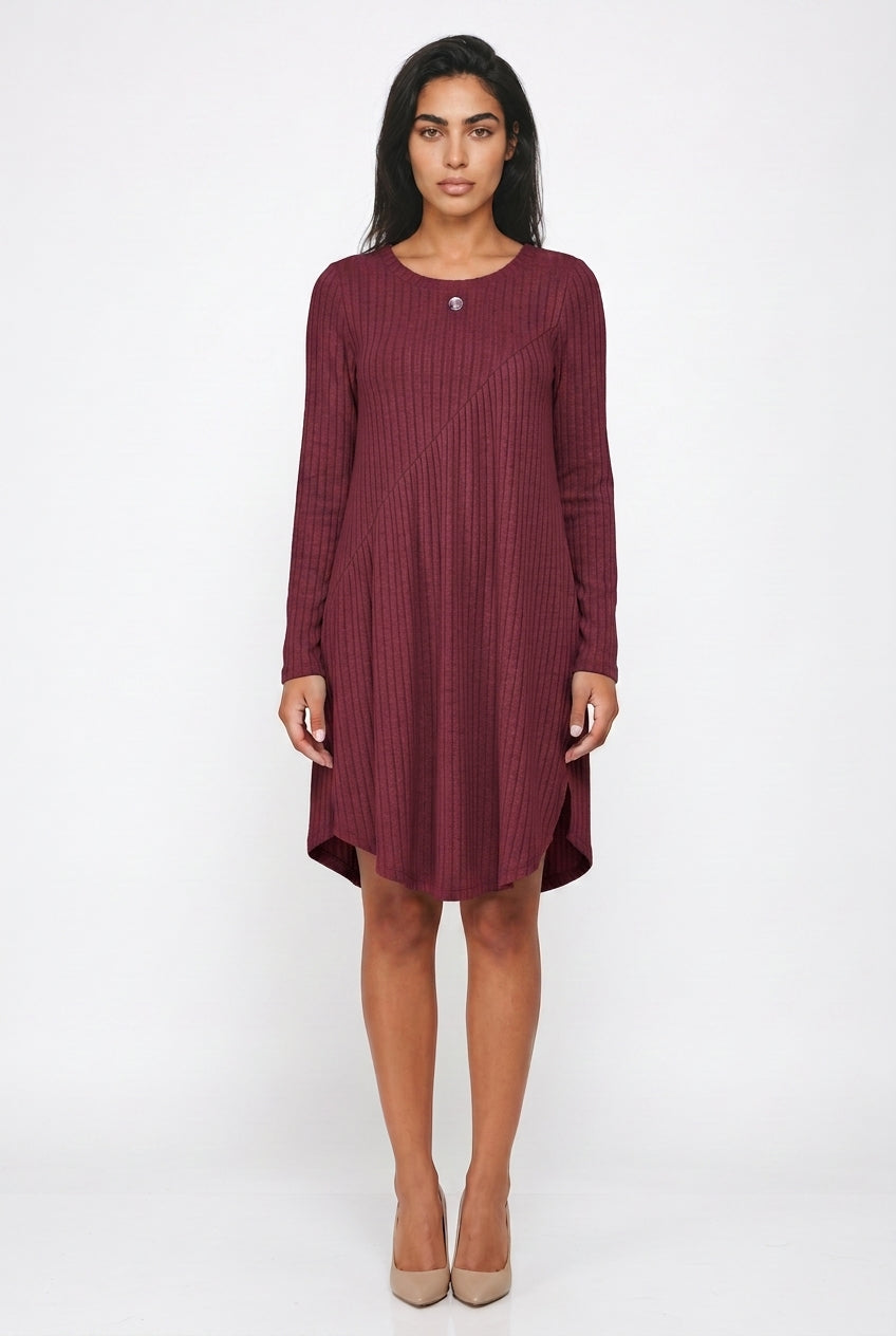 Women's Ribbed Jumper Dress - Long Sleeve, Swing Hem, Knitted