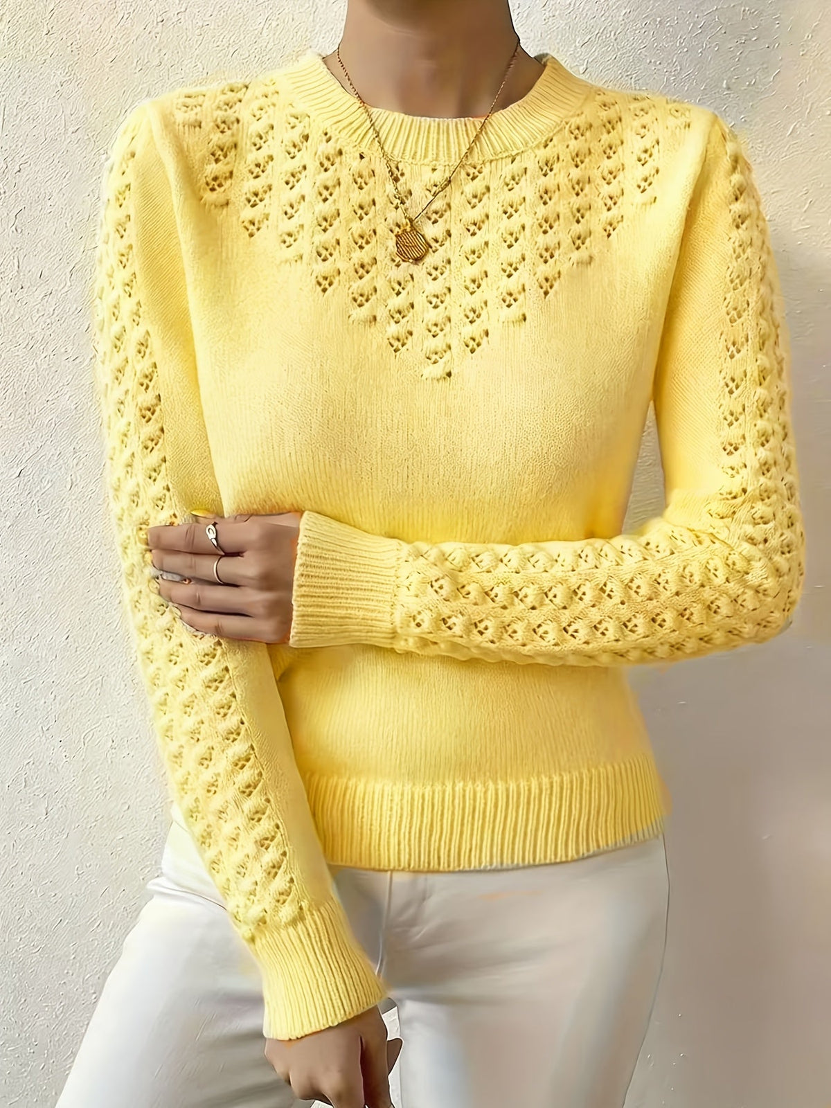 Women's Pointelle Knit Jumper – Crew Neck Sweater