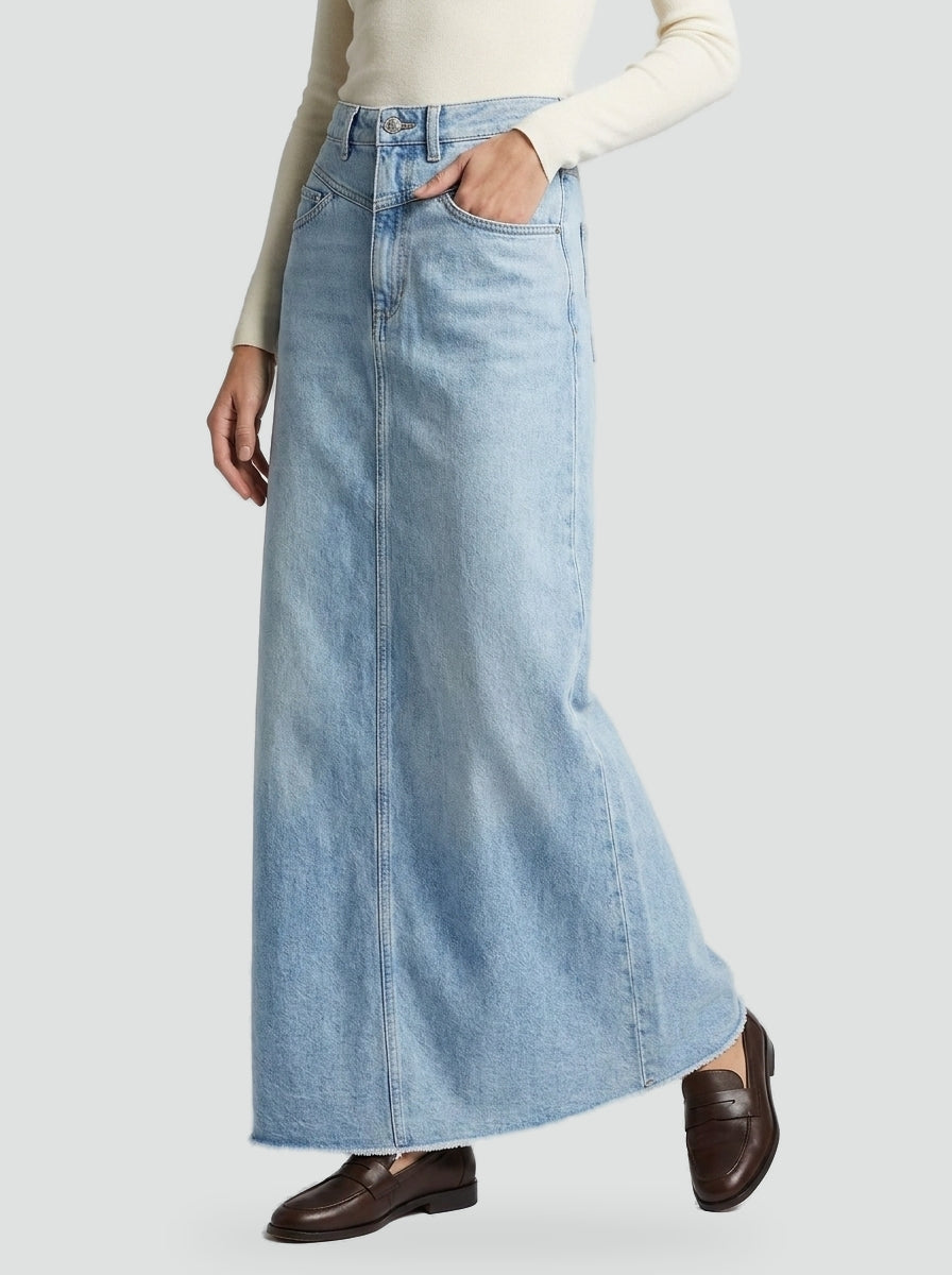 Women's Denim Maxi Skirt – High Waist A-Line Frayed Hem