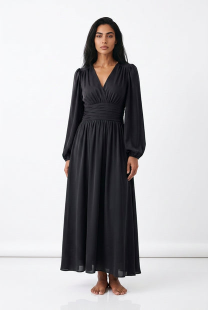 Women's Chiffon Maxi Dress – V-Neck Long Sleeve A-Line
